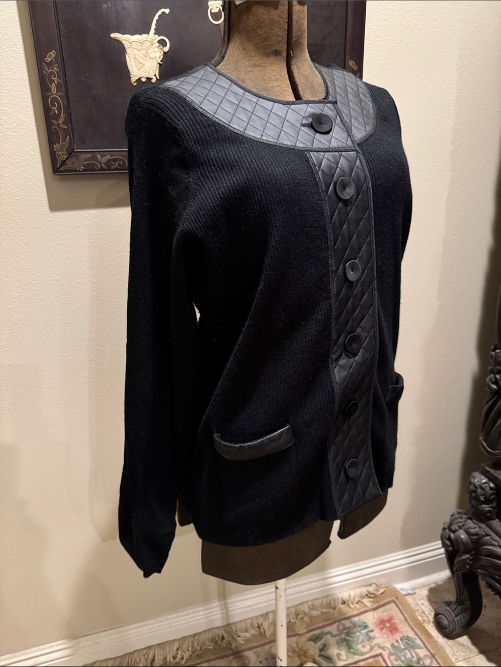 Chico's Black Faux Leather Quilt Trim Cardigan Acrylic/Wool/Nylon Blend Sz 3